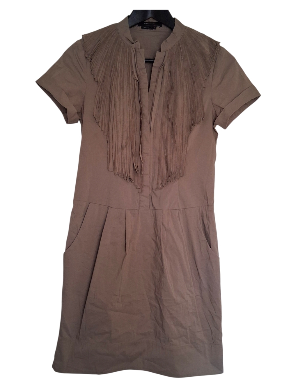 BCBGMAXAZRIA Pleated Raw Edge Bib Shirt Dress - Gravel